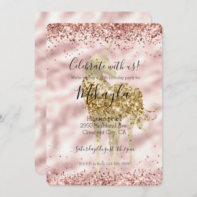Invitación Girly Gold Unicorn Purpurina rosa Sparkle Confetti (Anverso / Reverso)