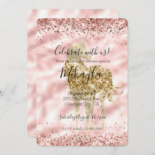 Invitación Girly Gold Unicorn Purpurina rosa Sparkle Confetti