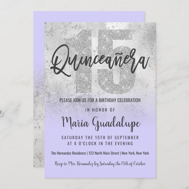 Invitación Girly Grunge Silver Lilac Purpurina Relieve metali (Anverso / Reverso)