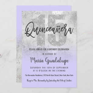 Invitación Girly Grunge Silver Lilac Purpurina Relieve metali