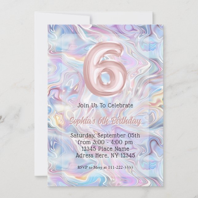 Invitación Girly Holographic Marble Swirl 6º cumpleaños (Anverso)