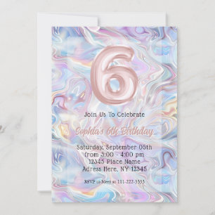 Invitación Girly Holographic Marble Swirl 6º cumpleaños