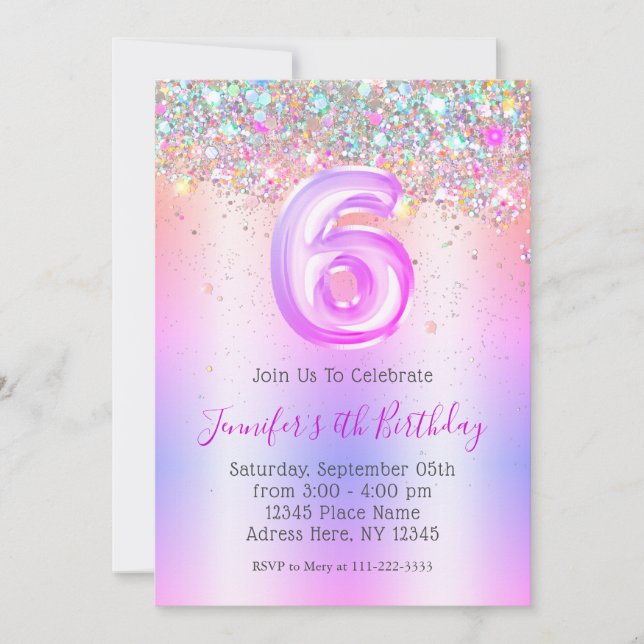 Invitación Girly Holographic Purpurina 6º cumpleaños púrpura (Anverso)