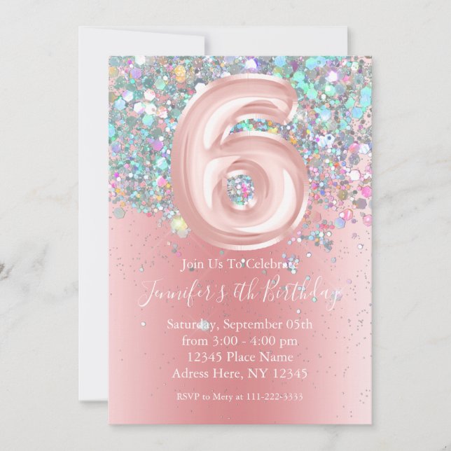 Invitación Girly Holographic Purpurina 6 cumpleaños rosado (Anverso)