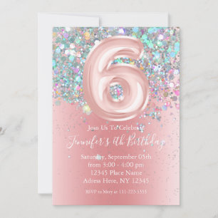Invitación Girly Holographic Purpurina 6 cumpleaños rosado