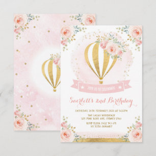Invitación Girly Hot Air Balloon Pink Gold Floral Cumpleaños