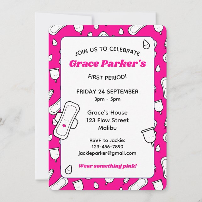 Invitación Girly Hot Pink Personalizado Pad Primer Periodo Fi (Anverso)