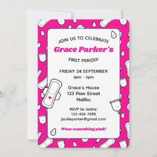 Invitación Girly Hot Pink Personalizado Pad Primer Periodo Fi
