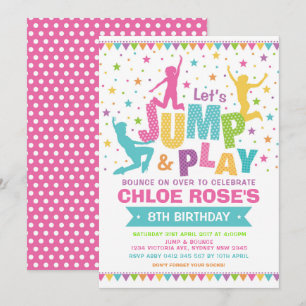 Invitación Girly Jump Birthday Party Bonza House Trampoline