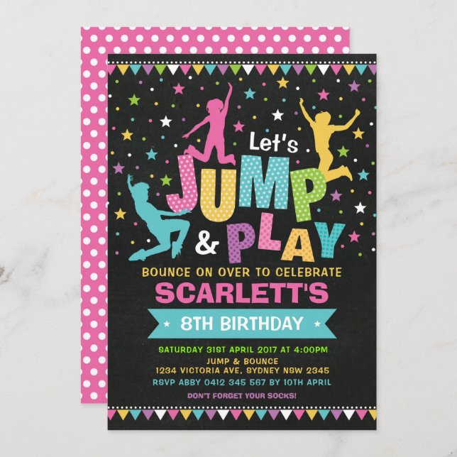 Invitación Girly JUMP Partido de Cumpleaños Rebote Trampoline (Anverso / Reverso)
