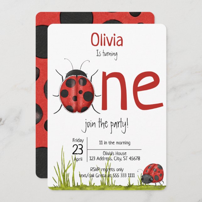 Invitación Girly Ladybug convirtiendo el partido de un cumple (Anverso / Reverso)
