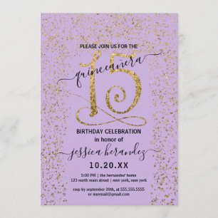 Invitación Girly Lavender Gold Confetti Border Quinceañera