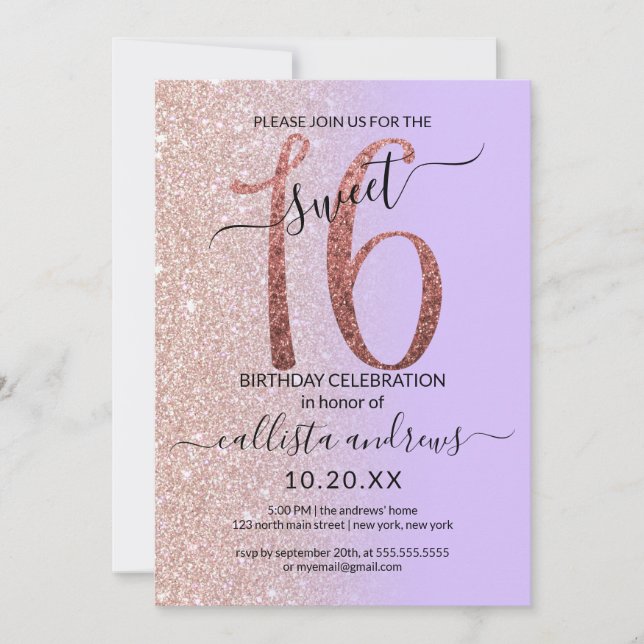 Invitación Girly Lavender Rosa Oro Purpurina Ombre Sweet 16 (Anverso)