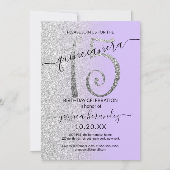 Invitación Girly Lavender Silver Purpurina Ombre Quinceañera (Anverso)