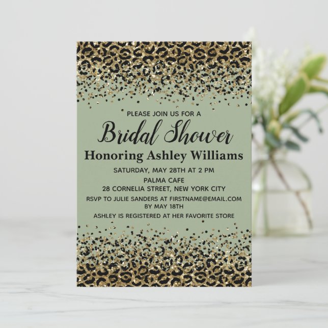 Invitación Girly Leopard Sage Green Black Gold Shower (Anverso de pie)