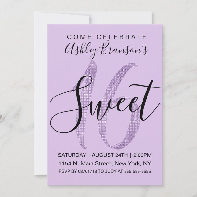 Invitación Girly Lilac Purple Sequin Purpurina Sweet 16 (Anverso)