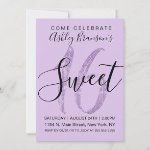 Invitación Girly Lilac Purple Sequin Purpurina Sweet 16