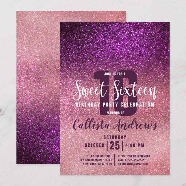 Invitación Girly Magenta Rosa Triple Purpurina Ombre Sweet 16 (Anverso / Reverso)