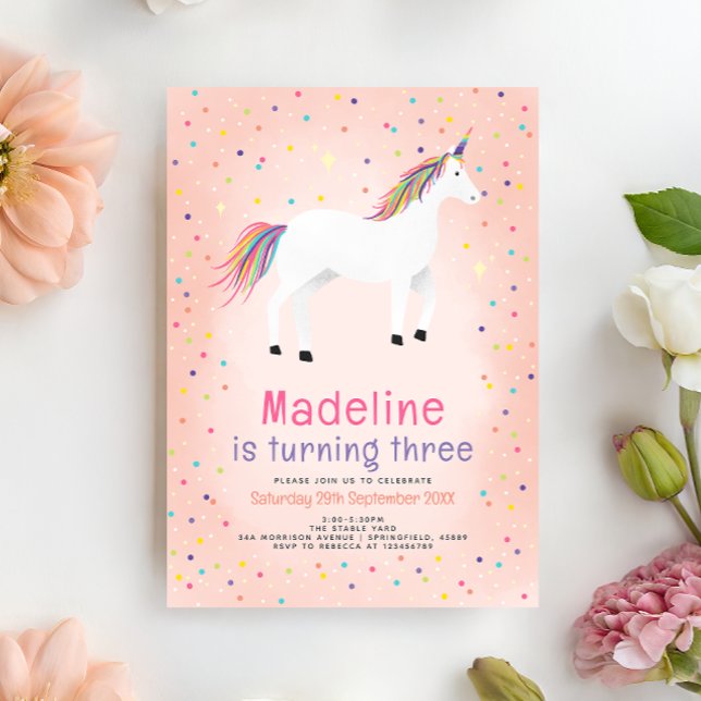 Invitación Girly Magical Cute Pink Unicorn Kids Birthday (Subido por el creador)