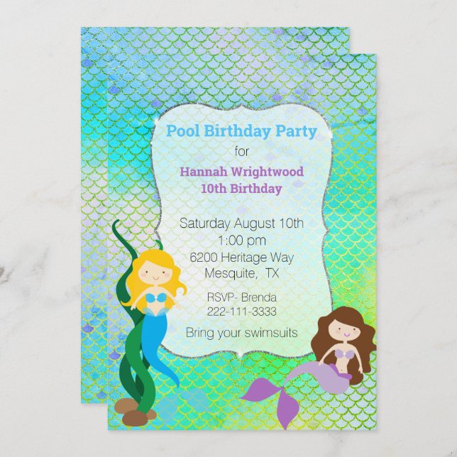 Invitación Girly Mermaid Birthday Pool Fiesta (Anverso / Reverso)