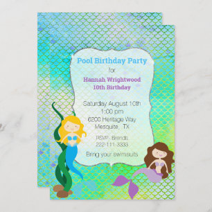 Invitación Girly Mermaid Birthday Pool Fiesta