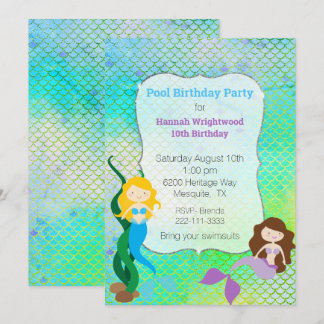 Invitación Girly Mermaid Birthday Pool Fiesta