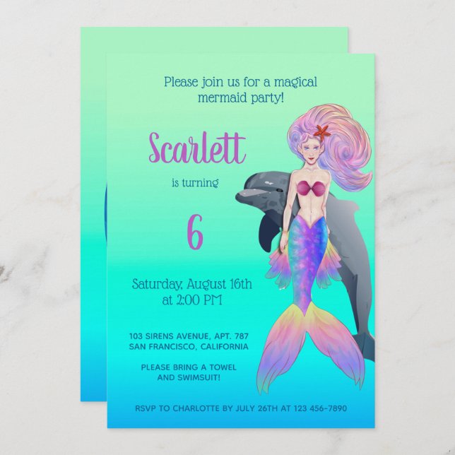 Invitación Girly Mermaid Rainbow Fairytale foto de cumpleaños (Anverso / Reverso)