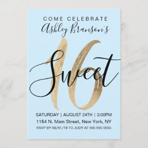 Invitación Girly Mint Blue Faux Relieve metalizado dorado Swe
