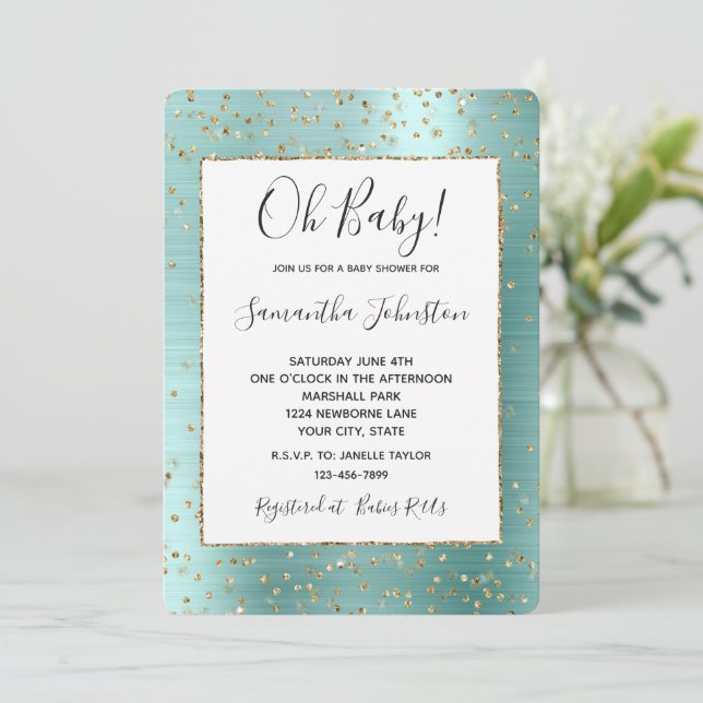 Invitación Girly Mint Glam Gold Sparkle Confetti Baby Shower (Anverso de pie)