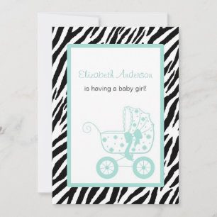Invitación Girly Mint Zebra Vintage Baby Carrier Baby Shower