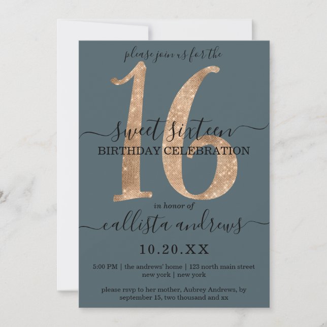 Invitación Girly Moda Faux Gold Purpurina Dusty Blue Sweet 16 (Anverso)