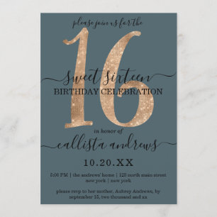 Invitación Girly Moda Faux Gold Purpurina Dusty Blue Sweet 16