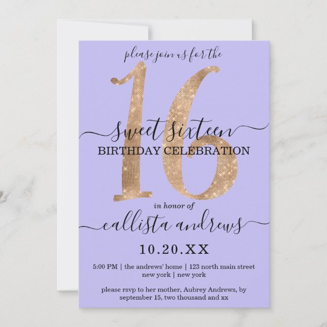Invitación Girly Moda Faux Gold Purpurina Lilac Purple Sweet  (Anverso)