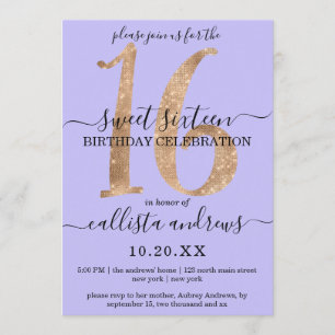 Invitación Girly Moda Faux Gold Purpurina Lilac Purple Sweet 