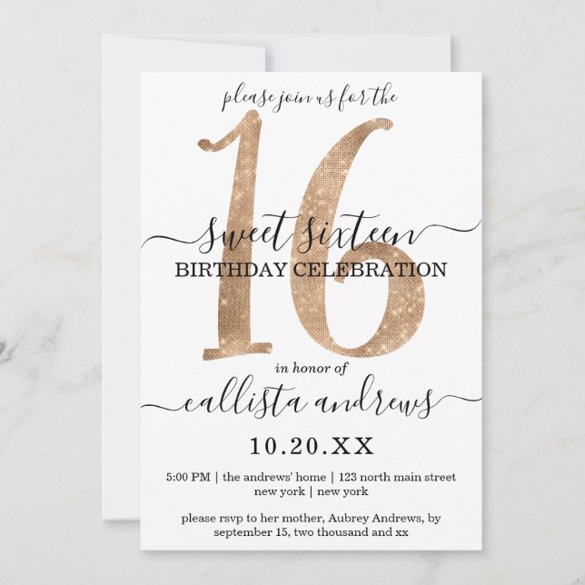 Invitación Girly Moda Faux Gold Purpurina White Sweet 16 (Anverso)