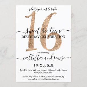 Invitación Girly Moda Faux Gold Purpurina White Sweet 16