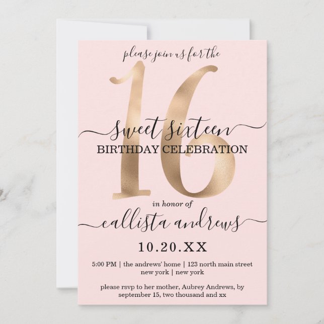 Invitación Girly Moda Faux Gold Rubor dulce rosa 16 (Anverso)