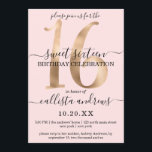 Invitación Girly Moda Faux Gold Rubor dulce rosa 16<br><div class="desc">Esta elegante, sencilla, minimalista y dulce moda Dieciséis años es la invitación perfecta para tu joven chica adolescente. Cuenta con un lujoso y lujoso número de oro impreso en falso, "16" encima de un fondo rosa ondulado y ondulado con fuentes cursivas y serif negras gratuitas. Es único, moderno, fresco y...</div>