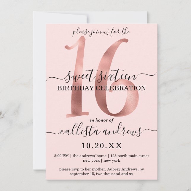 Invitación Girly Moda Faux Rosa oro Rubor dulce rosa 16 (Anverso)