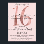 Invitación Girly Moda Faux Rosa oro Rubor dulce rosa 16<br><div class="desc">Esta elegante, sencilla, minimalista y dulce moda Dieciséis años es la invitación perfecta para tu joven chica adolescente. Cuenta con un lujoso y lujoso número de oro rosa impreso en falso, "16" encima de un fondo rosa ondulado y ondulado con fuentes cursivas y serif negras gratuitas. Es único, moderno, fresco...</div>