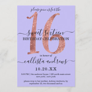 Invitación Girly Moda Faux Rosa Purpurina de oro Purple Sweet