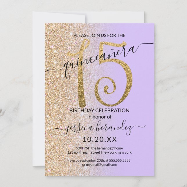 Invitación Girly Moda Lavender Gold Purpurina Ombre Quinceañe (Anverso)