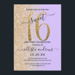Invitación Girly Moda Lavender Purpurina Ombre Sweet 16<br><div class="desc">Esta dulce y dulce moda de dieciséis años es perfecta para el día especial de tu hija adolescente. Cuenta con un purpurina dorado fino impreso en forma de imitación, grande, "16", encima de un sencillo fondo de color rosa gradiente de lavanda pastel morado y purpurina de oro falso. Es sencillo,...</div>