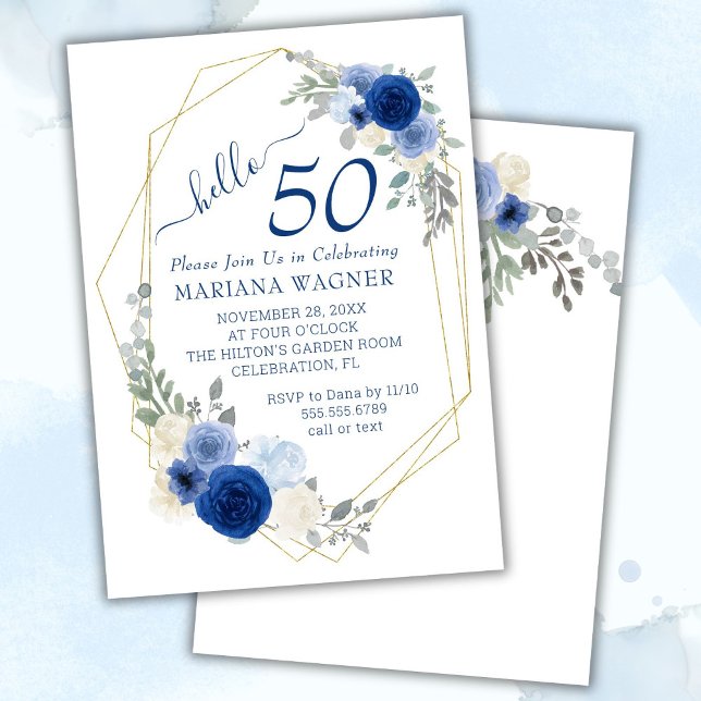 Invitación Girly Moda Marina Floral Azul 50 cumpleaños (Subido por el creador)