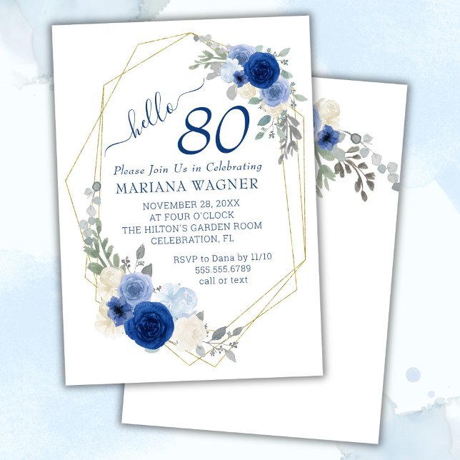 Invitación Girly Moda Marina Floral Azul 80 cumpleaños (Subido por el creador)