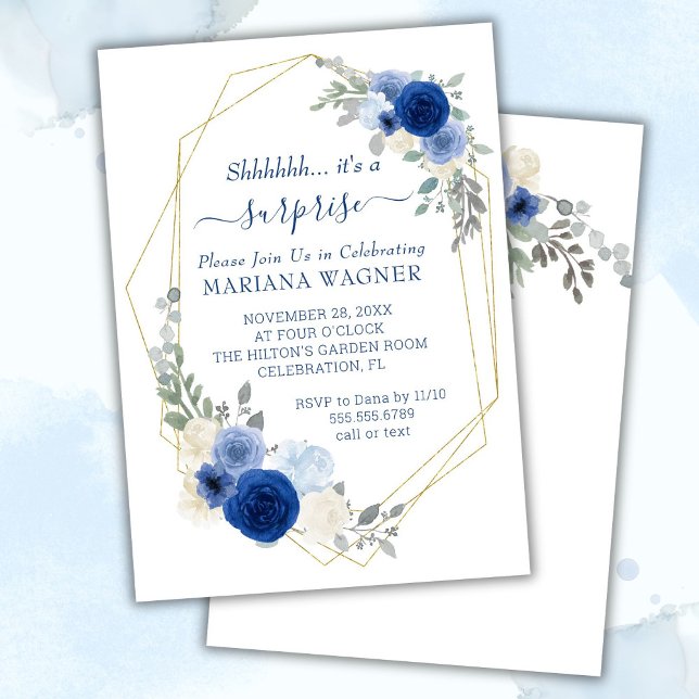 Invitación Girly Moda Navy Blue Floral Surprise Cumpleaños (Subido por el creador)