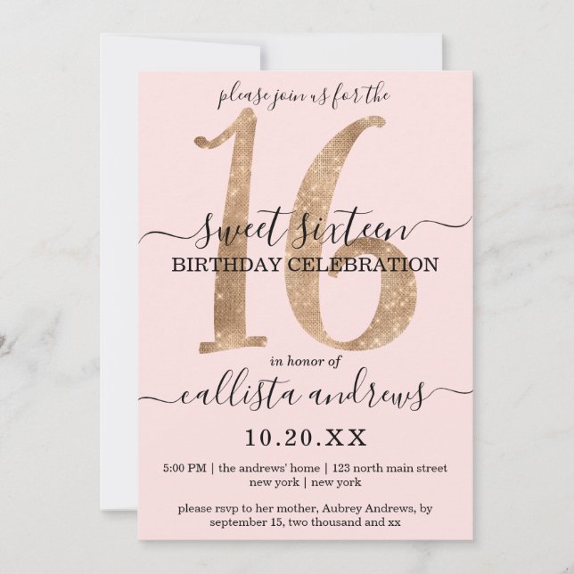 Invitación Girly Moda Purpurina de oro falso Rubor dulce rosa (Anverso)