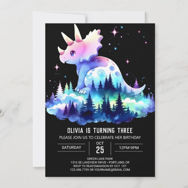 Invitación Girly Moda Triceratops Cumpleaños (Anverso)
