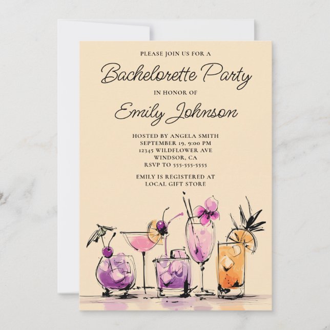 Invitación Girly Modern Cocktails Illustration Bachelorette (Anverso)