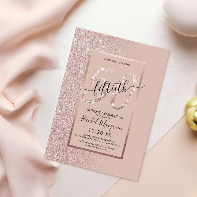Invitación Girly Modern Rosa Purpurina de Oro 50 cumpleaños (Subido por el creador)